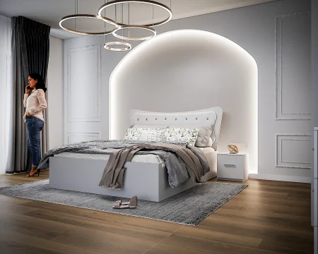 Dormitor Vista cu Pat Tapitat Alb cu dulap 200*200 usi glisante Alb cu Oglinda, noptiere si comoda [2]