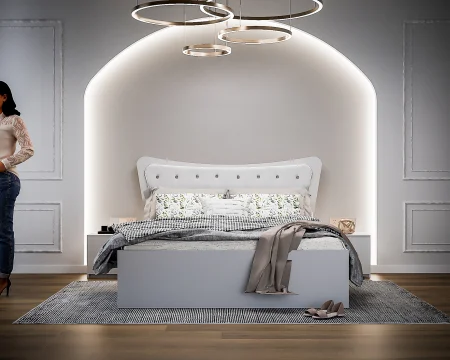 Dormitor Vista cu Pat Tapitat Alb cu dulap 200*200 usi glisante Alb cu Oglinda, noptiere si comoda [3]