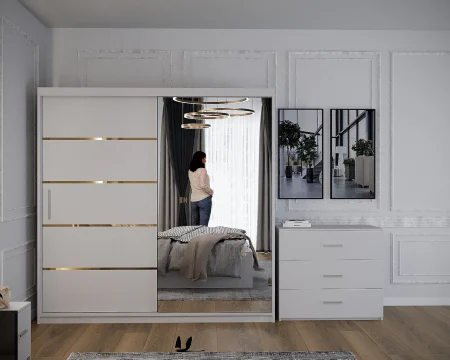 Dormitor Vista cu Pat Tapitat Alb cu dulap 200*200 usi glisante Alb cu Oglinda, noptiere si comoda [4]