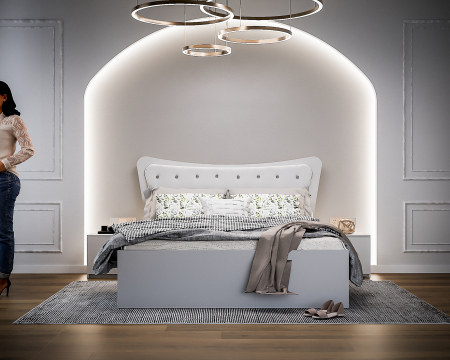 Dormitor Vista cu Pat Tapitat Alb cu dulap 200*200 usi glisante Alb, noptiere si comoda [3]