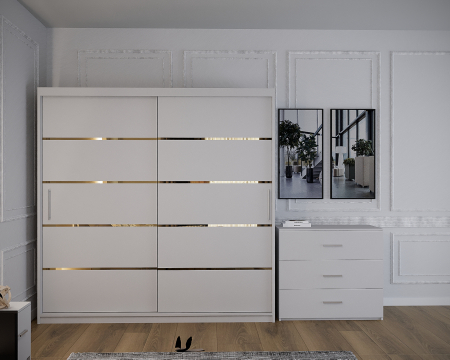 Dormitor Vista cu Pat Tapitat Alb cu dulap 200*200 usi glisante Alb, noptiere si comoda [4]