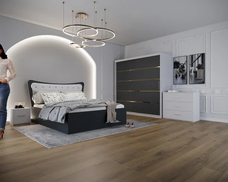Dormitor Vista cu Pat Tapitat Antracit&Alb cu dulap 200*200 usi glisante Antracit&Alb, noptiere si comoda [1]