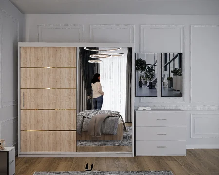 Dormitor Vista cu Pat Tapitat Sonoma&Alb cu dulap 200*200 usi glisante Sonoma&Alb cu Oglinda, noptiere si comoda [3]