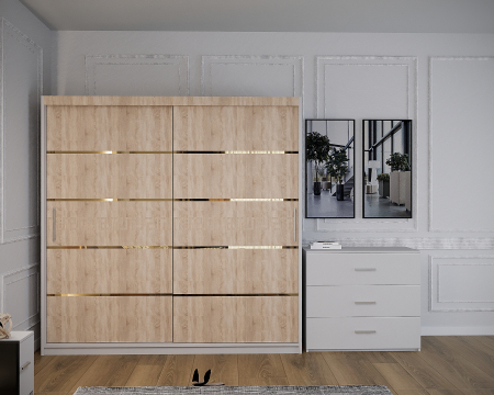 Dormitor Vista cu Pat Tapitat Sonoma&Alb cu dulap 200*200 usi glisante Sonoma&Alb, noptiere si comoda [5]