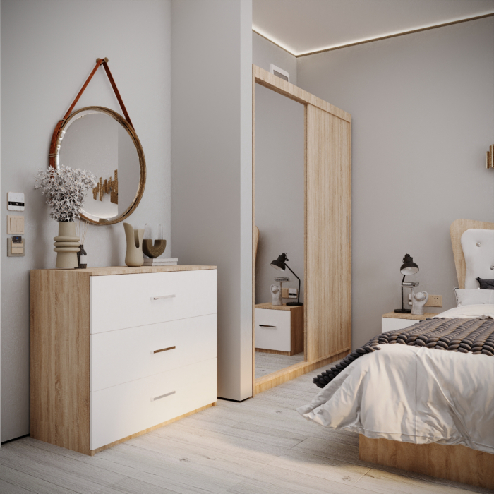 Dormitor Vista Tapitat  2 Usi cu Oglinda Sonoma&Alb [3]