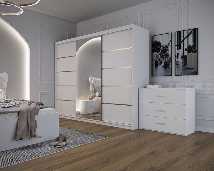 Dormitor Vista Tapitat Alb Dressing 3 usi cu Oglinda 250x200 [5]