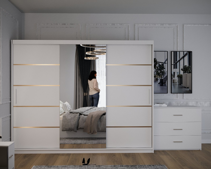 Dormitor Vista Tapitat Alb Dressing 3 usi cu Oglinda 250x200 [3]