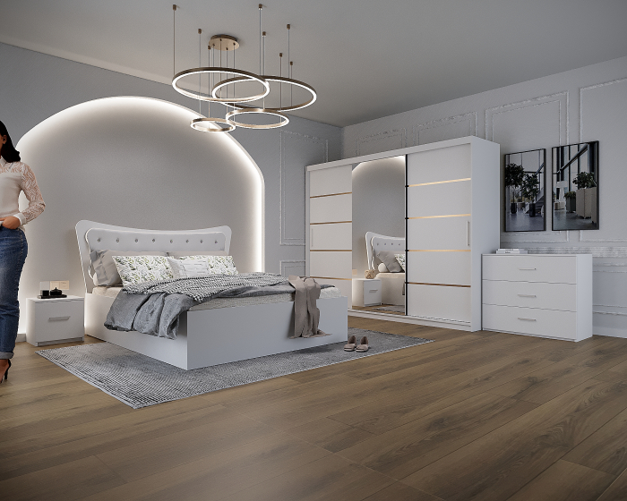 Dormitor Vista Tapitat Alb Dressing 3 usi cu Oglinda 250x200 [1]