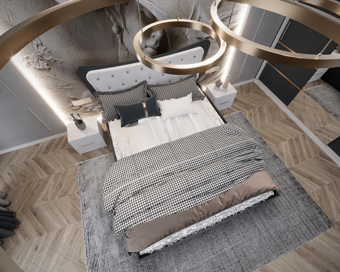 Dormitor Vista Tapitat Alb&Gri Antracit Dressing 3 usi cu Oglinda 250x200 [7]