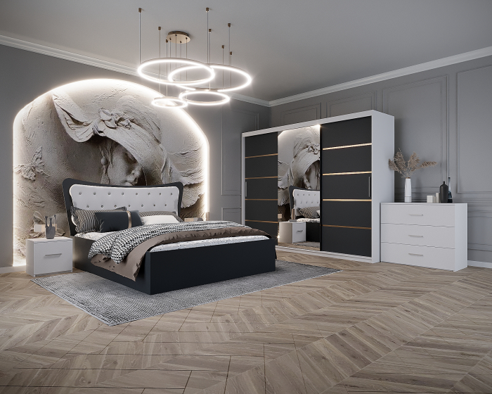 Dormitor Vista Tapitat Alb&Gri Antracit Dressing 3 usi cu Oglinda 250x200 [1]