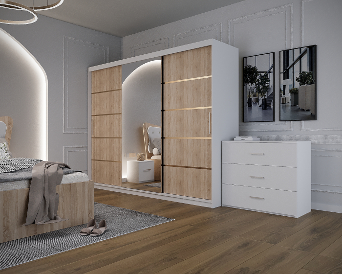 Dormitor Vista Tapitat Sonoma&Alb Dressing 3 usi cu Oglinda 250x200 [5]