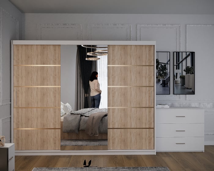 Dormitor Vista Tapitat Sonoma&Alb Dressing 3 usi cu Oglinda 250x200 [3]