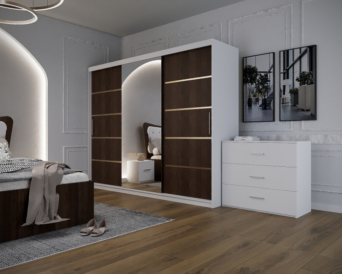 Dormitor Vista Tapitat Wenge&Alb Dressing 3 usi cu Oglinda 250x200 [5]