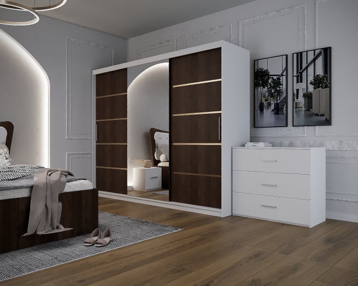 Dormitor Vista Tapitat Wenge&Alb Dressing 3 usi cu Oglinda 250x200 [5]