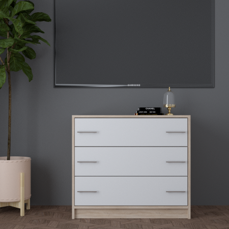 Comode Living / Sufragerie - Comoda 3 sertare, Ideal Mobila, Alb / Sonoma, 80x45x70 cm
