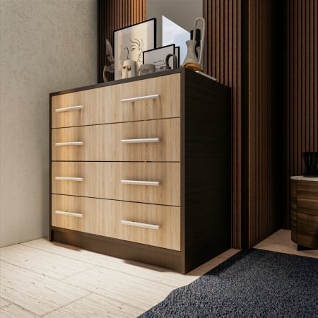 Mobila Dormitor - Comoda 4 sertare, Wenge + Sonoma, 80x45x85 cm
