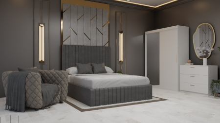 Dormitor Cairo Pat Tapitat Dressing 2 Usi Cu Oglinda Alb [1]