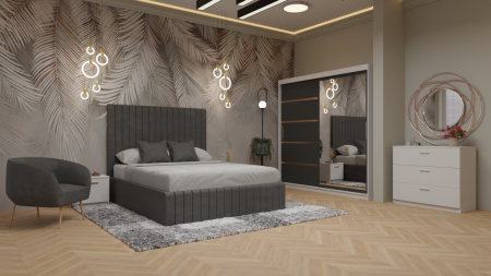 Dormitor Cairo Pat Tapitat Dressing 200x200 Alb&Gri Antracit Cu Oglinda [1]