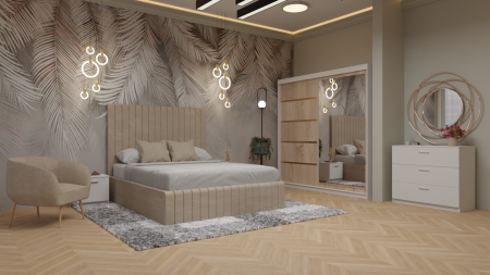 Dormitor Cairo Pat Tapitat Dressing 200x200 Alb&Sonoma cu Oglinda [1]