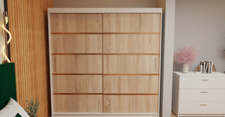 Dormitor cu pat  Tony 160x200 Tapitat Stofa Verde cu dulap 200*200 usi glisante Sonoma&Alb, noptiere si comoda [2]