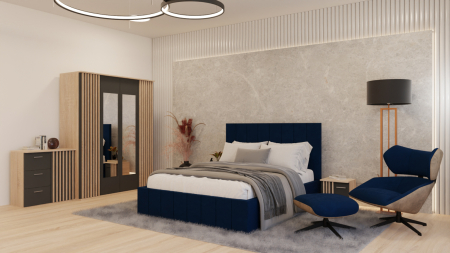 Seturi Dormitor - Dormitor Dallas Cu Pat Nobless Tapitat Albastru