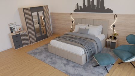 Seturi Dormitor - Dormitor Dallas Cu Pat Nobless Tapitat Bej