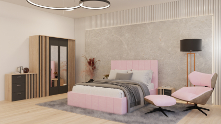 Dormitor Dallas Cu Pat Nobless Tapitat Roz Mobila Dormitor - Dormitor Dallas Cu Pat Nobless Tapitat Roz