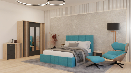 Dormitor Dallas Cu Pat Nobless Tapitat Turcoaz Mobila Dormitor - Dormitor Dallas Cu Pat Nobless Tapitat Turcoaz
