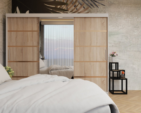 Dormitor: Lotus Pat Tapitat Dressing 250x200 Alb&Sonoma 3 Usi cu Oglinda [4]