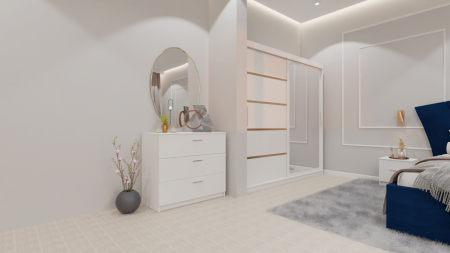 Dormitor Lucas cu Pat Tapitat Stofa Albastru cu dulap 200*200 usi glisante Alb cu oglinda , noptiere si comoda [1]