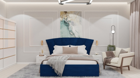 Dormitor Lucas cu Pat Tapitat Stofa Albastru cu dulap 200*200 usi glisante Alb , noptiere si comoda [5]