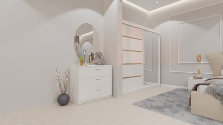 Dormitor Lucas cu Pat Tapitat Stofa Bej cu dulap 200*200 usi glisante Alb cu oglinda , noptiere si comoda [1]