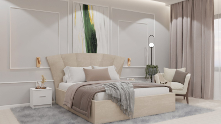 Dormitor Lucas cu Pat Tapitat Stofa Bej cu dulap 200*200 usi glisante Alb cu oglinda , noptiere si comoda [7]