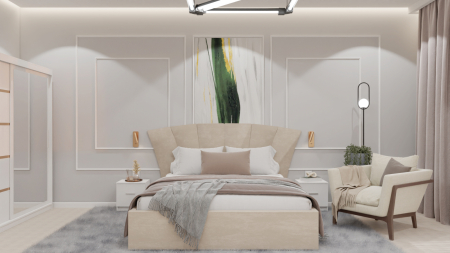 Seturi Dormitor - Dormitor Lucas cu Pat Tapitat Stofa Bej cu dulap 200*200 usi glisante Alb cu oglinda , noptiere si comoda