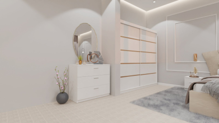 Dormitor Lucas cu Pat Tapitat Stofa Bej cu dulap 200*200 usi glisante Alb , noptiere si comoda [1]