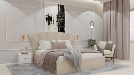 Dormitor Lucas cu Pat Tapitat Stofa Bej cu dulap 200*200 usi glisante Alb , noptiere si comoda [2]