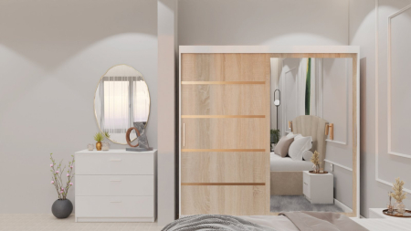 Dormitor Lucas cu Pat Tapitat Stofa Bej cu dulap 200*200 usi glisante Sonoma cu oglinda , noptiere si comoda [8]