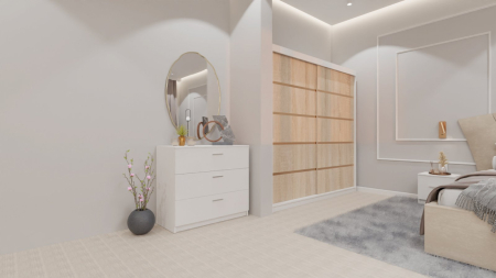 Dormitor Lucas cu Pat Tapitat Stofa Bej cu dulap 200*200 usi glisante Sonoma , noptiere si comoda [1]