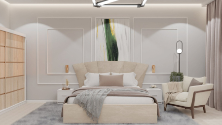 Dormitor Lucas cu Pat Tapitat Stofa Bej cu dulap 200*200 usi glisante Sonoma , noptiere si comoda Mobila Dormitor - Dormitor Lucas cu Pat Tapitat Stofa Bej cu dulap 200*200 usi glisante Sonoma , noptiere si comoda