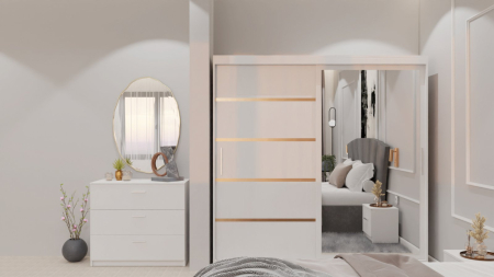 Dormitor Lucas cu Pat Tapitat Stofa Gri cu dulap 200*200 usi glisante Alb cu oglinda , noptiere si comoda [8]