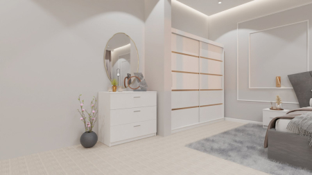 Dormitor Lucas cu Pat Tapitat Stofa Gri cu dulap 200*200 usi glisante Alb , noptiere si comoda [6]