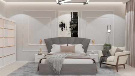 Dormitor Lucas cu Pat Tapitat Stofa Gri cu dulap 200*200 usi glisante Alb , noptiere si comoda [5]