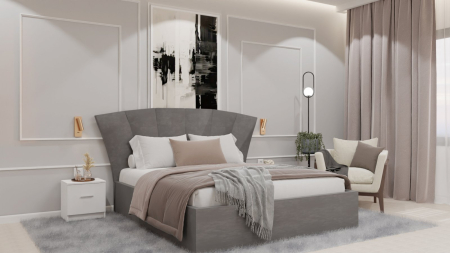 Dormitor Lucas cu Pat Tapitat Stofa Gri cu dulap 200*200 usi glisante Alb , noptiere si comoda [7]