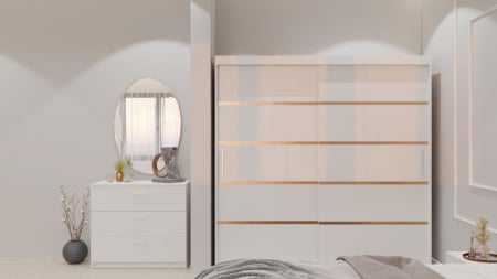 Dormitor Lucas cu Pat Tapitat Stofa Gri cu dulap 200*200 usi glisante Alb , noptiere si comoda [8]