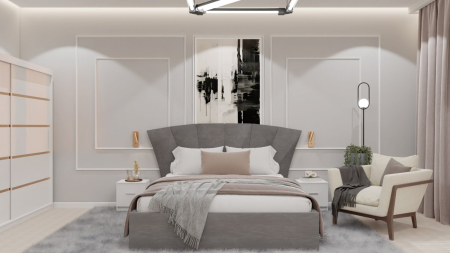 Dormitor Lucas cu Pat Tapitat Stofa Gri cu dulap 200*200 usi glisante Alb , noptiere si comoda [5]