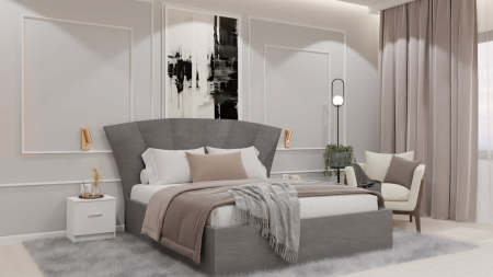 Dormitor Lucas cu Pat Tapitat Stofa Gri cu dulap 200*200 usi glisante Alb , noptiere si comoda [2]