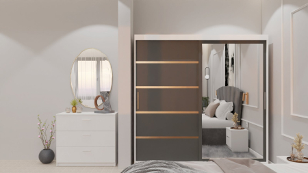 Dormitor Lucas cu Pat Tapitat Stofa Gri cu dulap 200*200 usi glisante Antracit&Alb cu oglinda , noptiere si comoda [3]