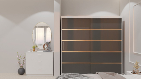 Dormitor Lucas cu Pat Tapitat Stofa Gri cu dulap 200*200 usi glisante Antracit&Alb , noptiere si comoda [7]