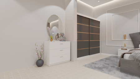 Dormitor Lucas cu Pat Tapitat Stofa Gri cu dulap 200*200 usi glisante Antracit&Alb , noptiere si comoda [4]