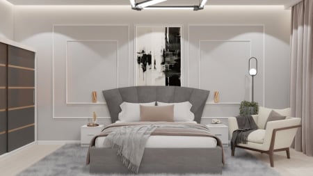 Seturi Dormitor - Dormitor Lucas cu Pat Tapitat Stofa Gri cu dulap 200*200 usi glisante Antracit&Alb , noptiere si comoda